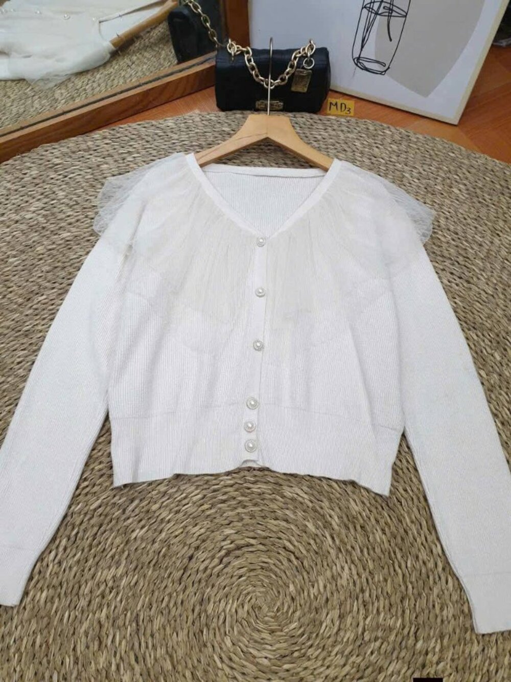 White Ribbed Cardigan Mesh Shoulder Detail Pearl Button Sweater
